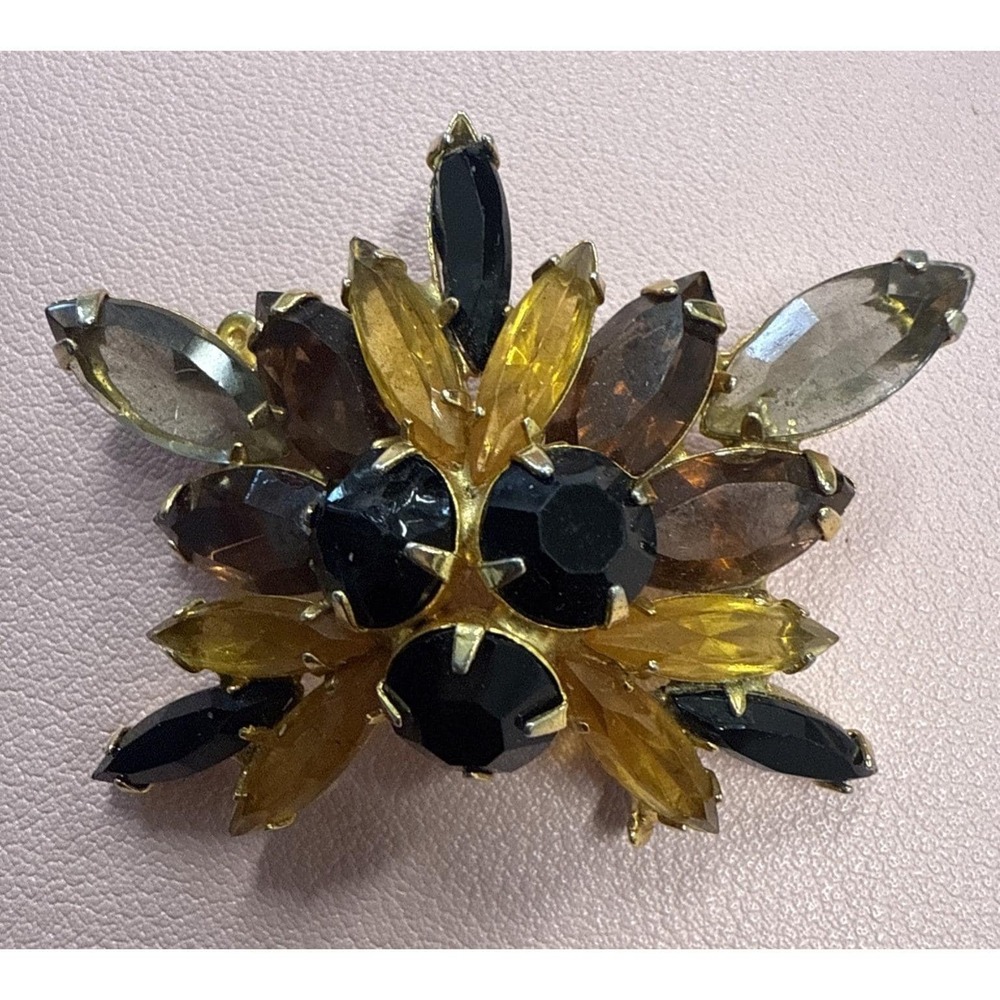 VTG Juliana Topaz Black Orange Rhinestones Floral Brooch Fall Autumn